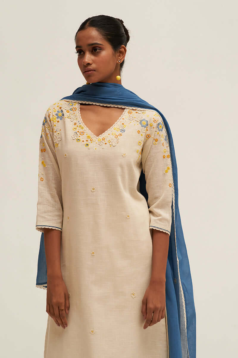 Cream and Blue Cotton Linen Embroidered Salwar Suit