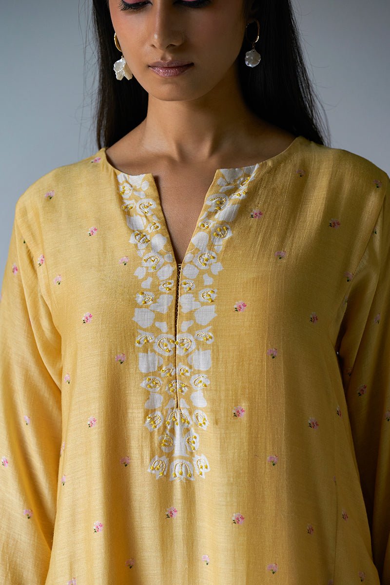 Yellow Bemberg Silk Printed Salwar Suit With Delicate Hand Embroidery on Top and Bottom