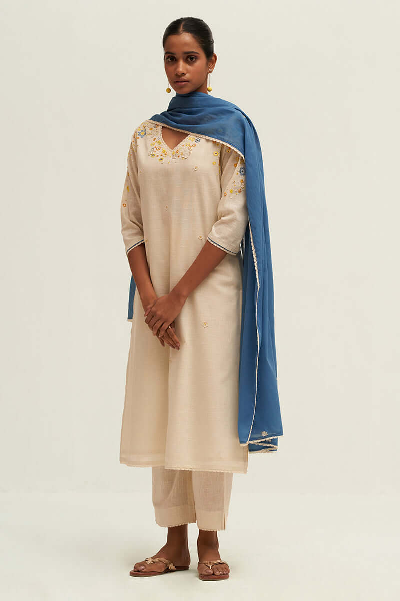 Cream and Blue Cotton Linen Embroidered Salwar Suit