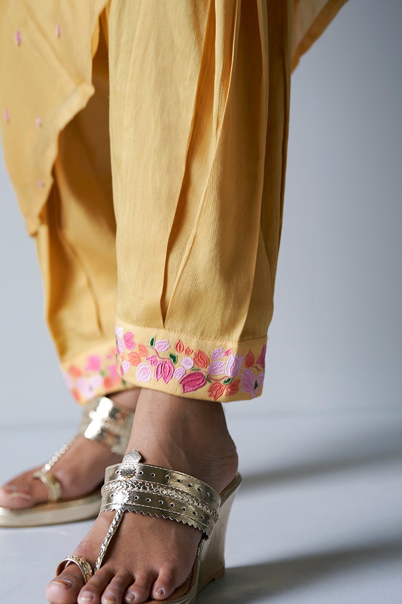 Yellow Bemberg Silk Printed Salwar Suit With Delicate Hand Embroidery on Top and Bottom