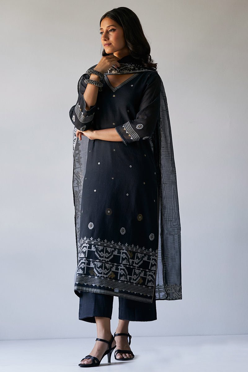 Black Woven Kurta With Viscose Chanderi Dupatta