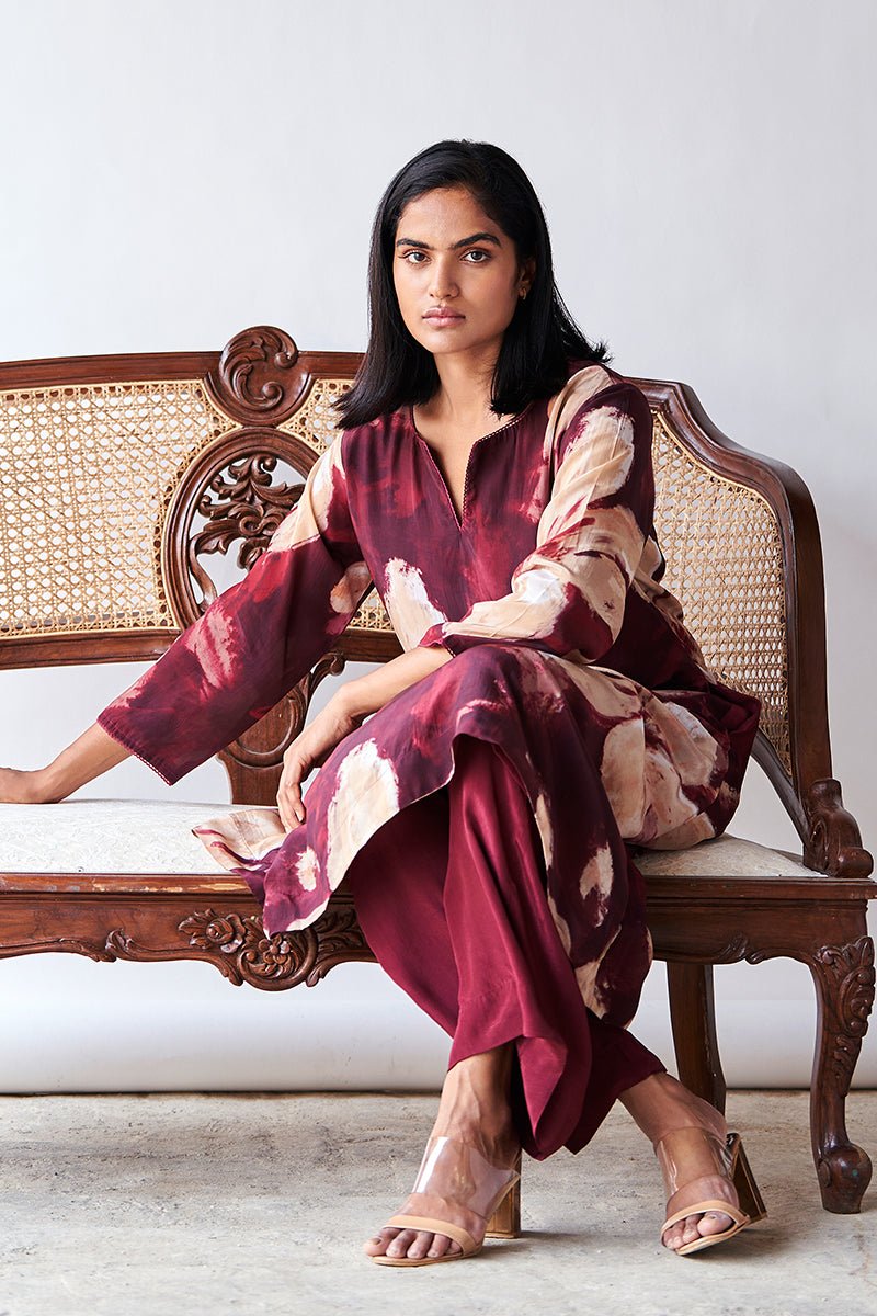 Maroon and Beige Bemberg Silk Printed Co-ord Set