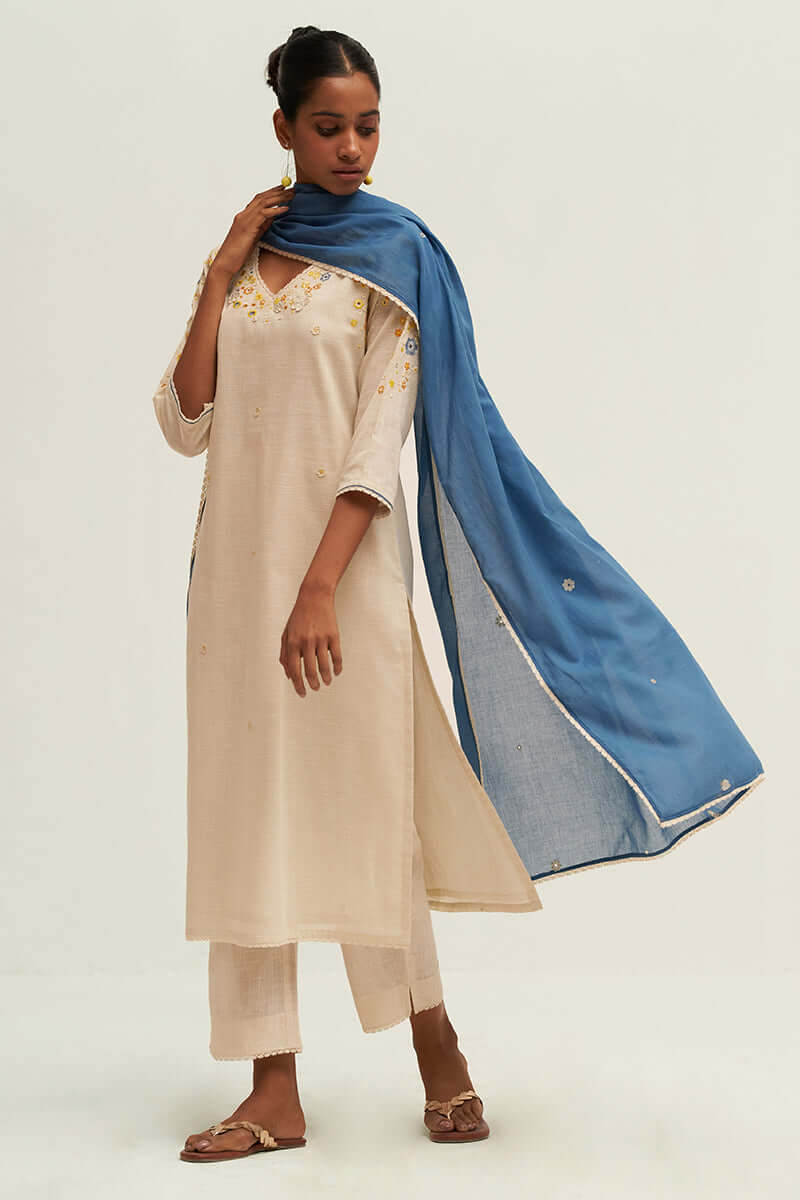 Cream and Blue Cotton Linen Embroidered Salwar Suit