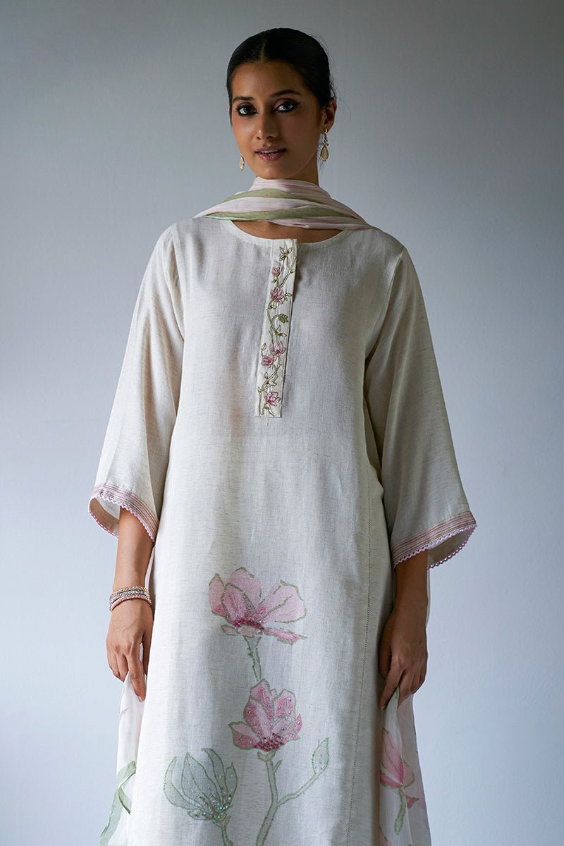 Cream and Beige Woven Kurta Suit Set With Chiffon Printed Dupatta