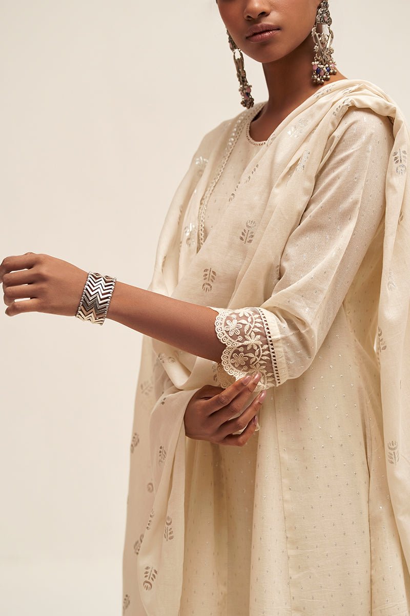 Off White Silver Woven Kurta With Foil Printed Cotton Dupatta