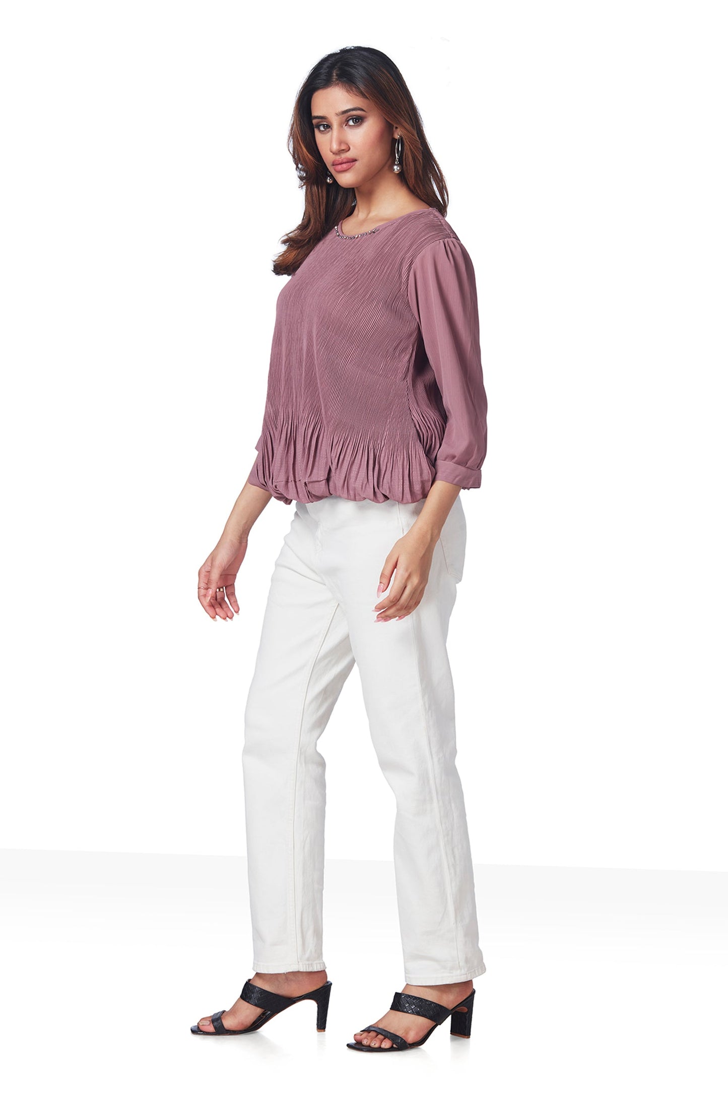 Partywear Round Neck Ribbed 3/4Th Sleeves Top