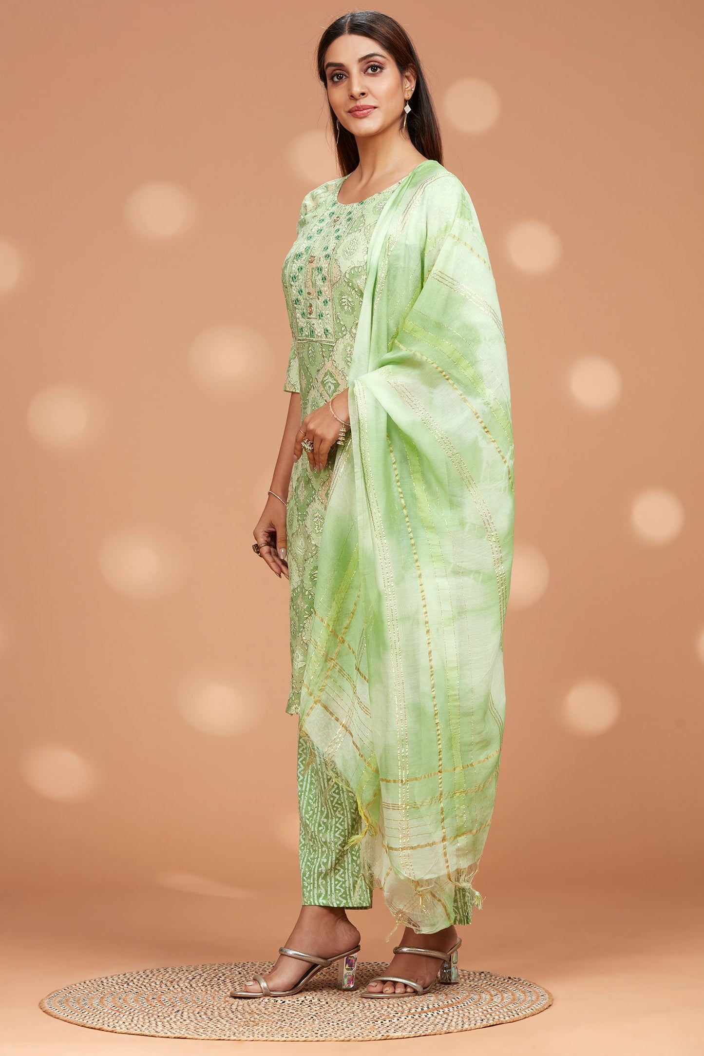 Printed Straight fit Embroidered Kurta with Palazzo Pant & Tie-die Dupatta - Light Green