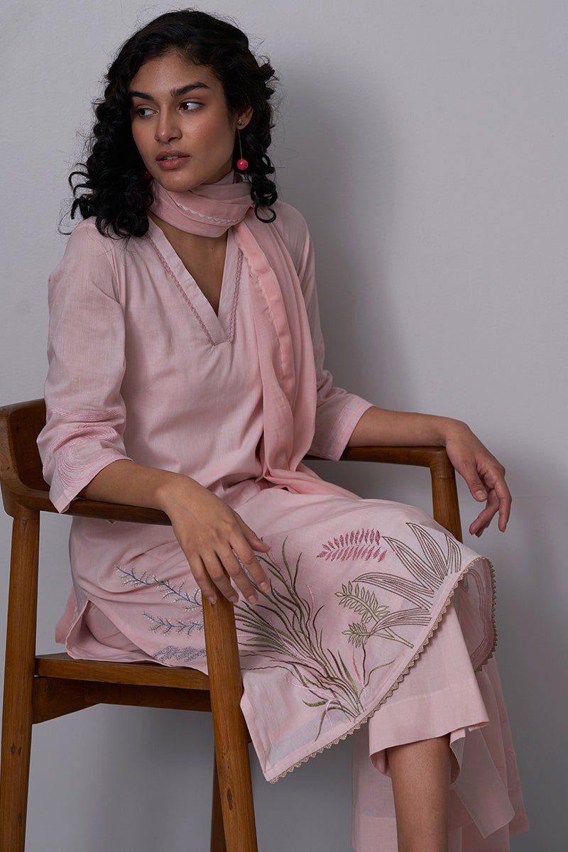 Pink Embroidered Cotton Kurta With Viscose Chanderi Embroidered Dupatta