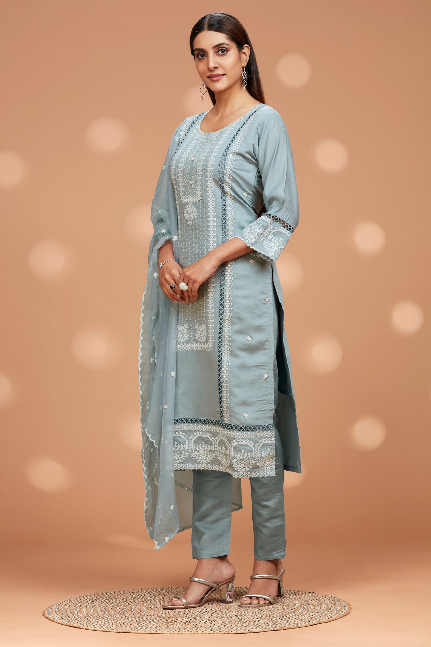 Straight Fit Embroidered Kurta with Pant  & Shiffon Duppatta