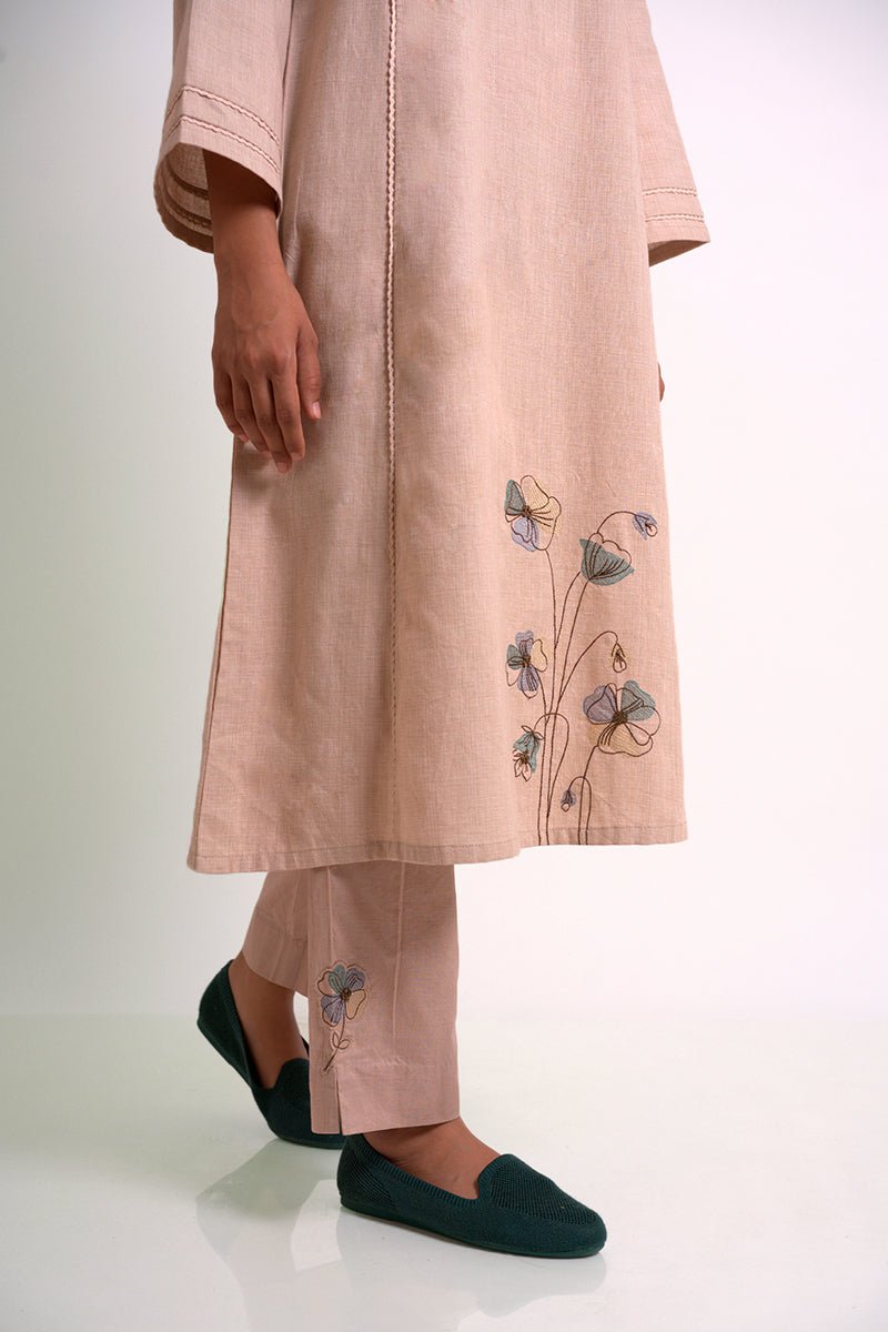 Beige Cotton Woven Kurta With Cotton Bottom