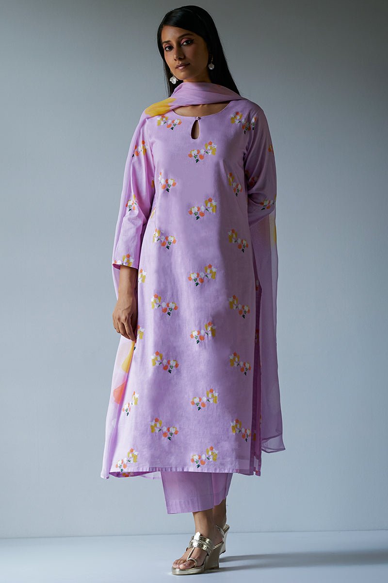 Lavender Premium Cotton Printed Salwar Suit With Delicate Bead Work Detailing