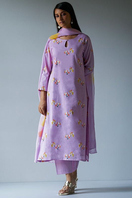 Lavender Premium Cotton Printed Salwar Suit With Delicate Bead Work Detailing