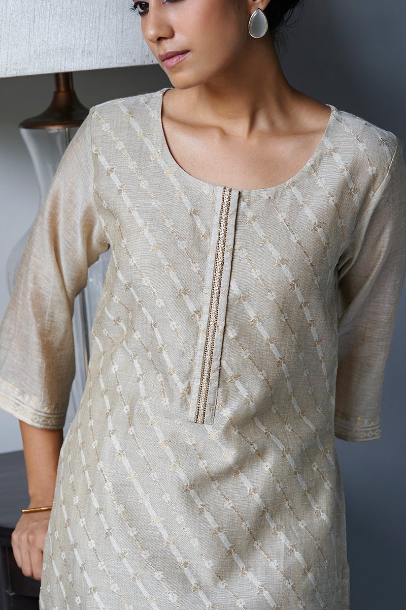 Fog Beige Woven Zari Kurta Suit Set With Delicate Embroidery Detailing