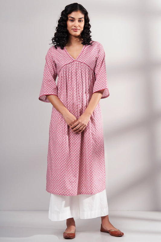 Pink Premium Cotton Printed Kurta With Cotton Bottom