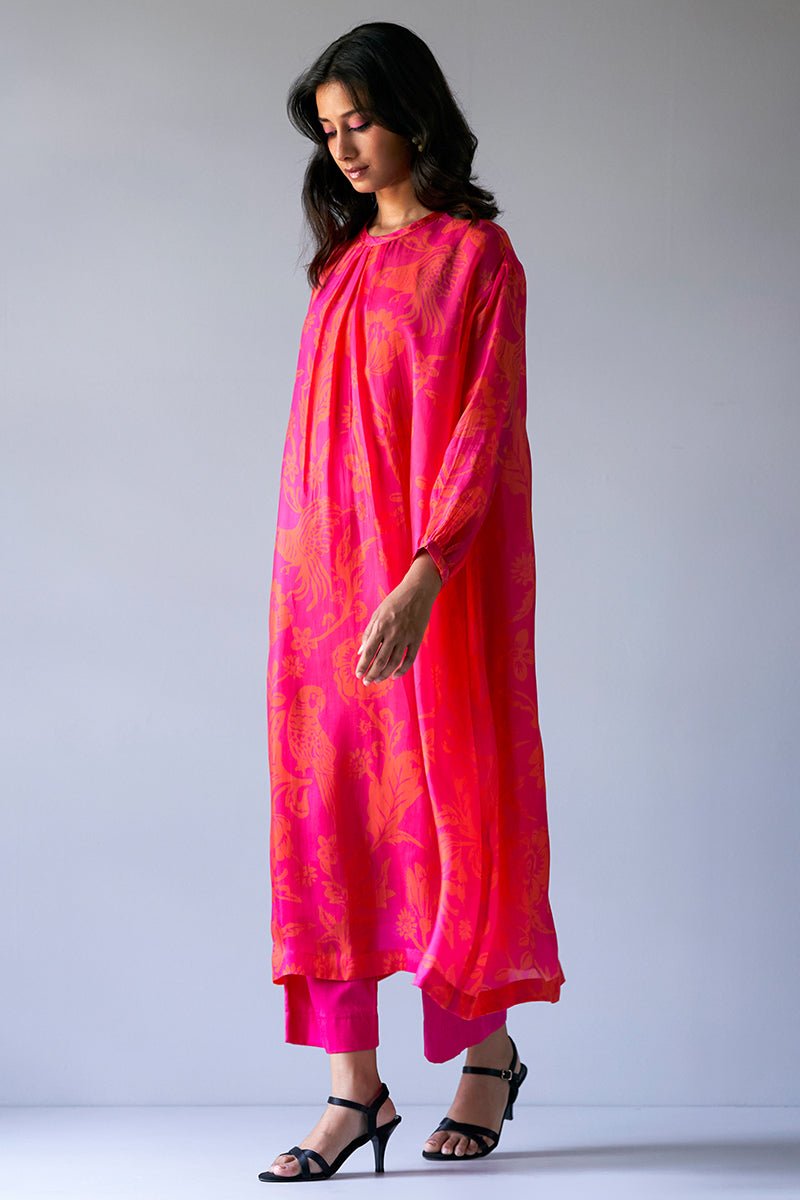 Hot Pink and Orange Bemberg Silk Printed Co-ord Set