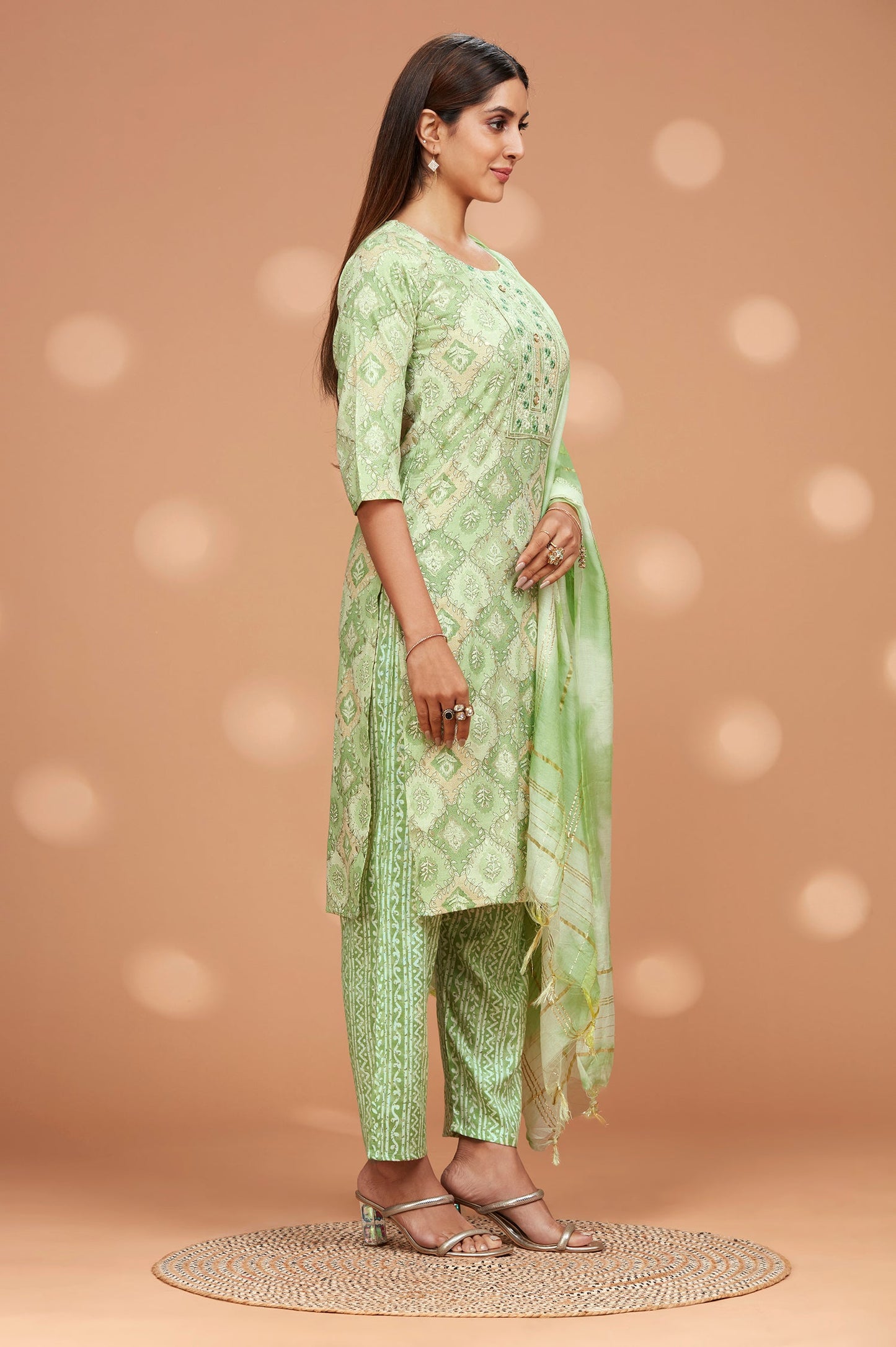 Printed Straight fit Embroidered Kurta with Palazzo Pant & Tie-die Dupatta - Light Green