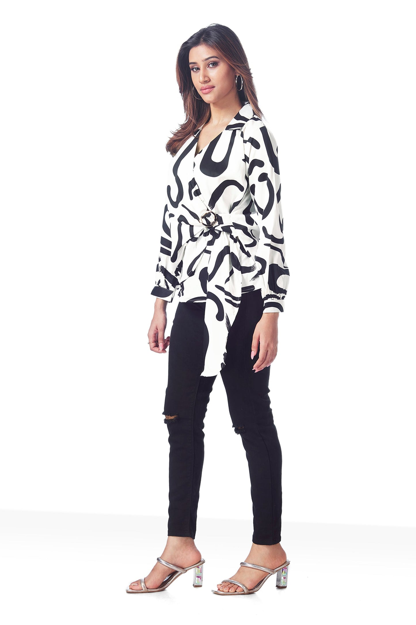 Black & White Printed V-Neck Wrap Top