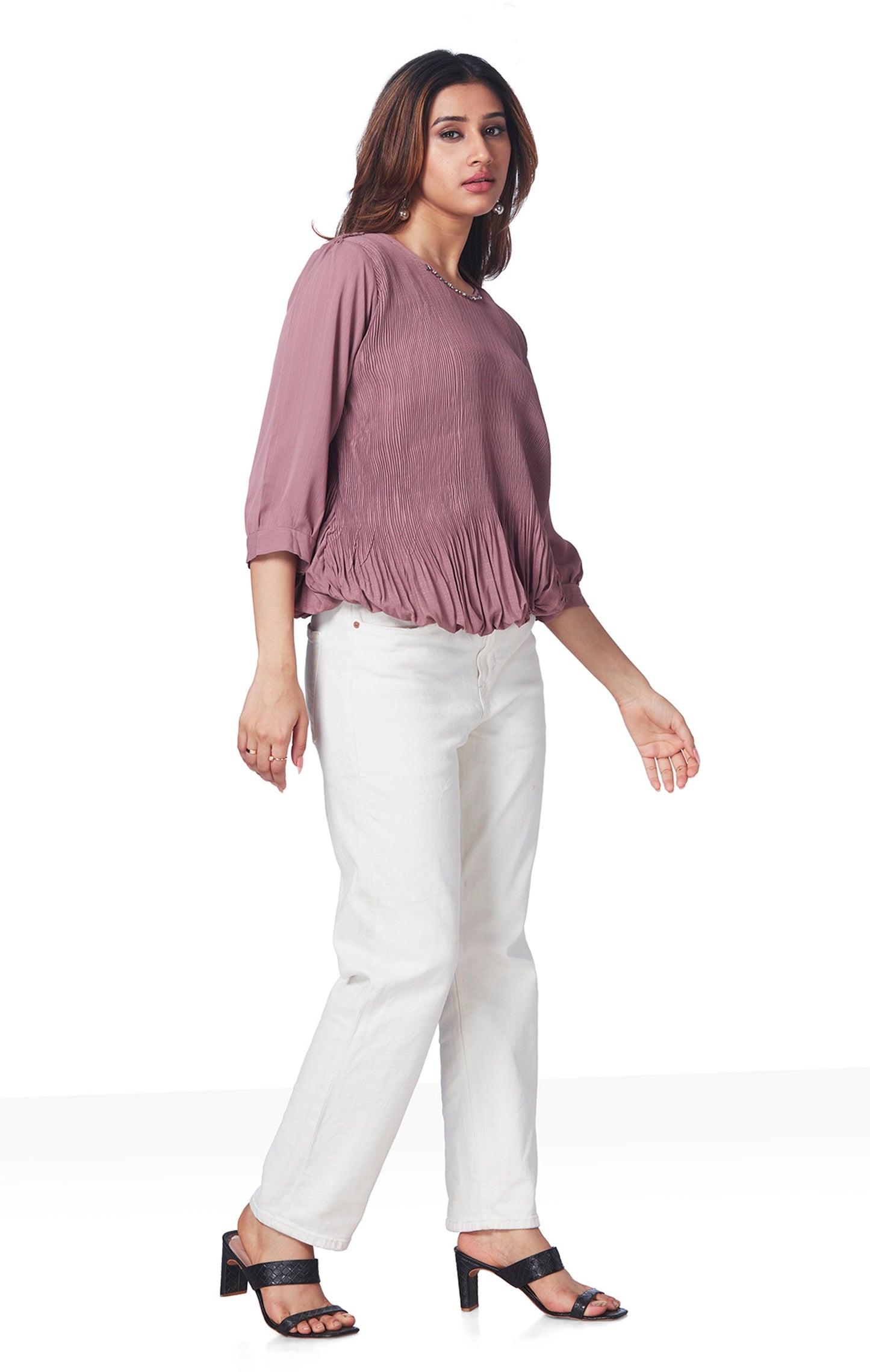 Partywear Round Neck Ribbed 3/4Th Sleeves Top