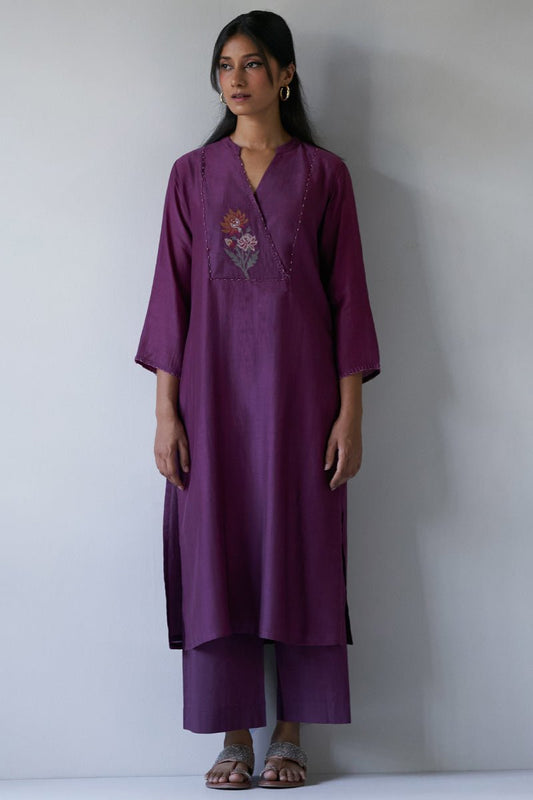 Wine Bemberg Silk Embroidered Kurta With Cotton Bottom