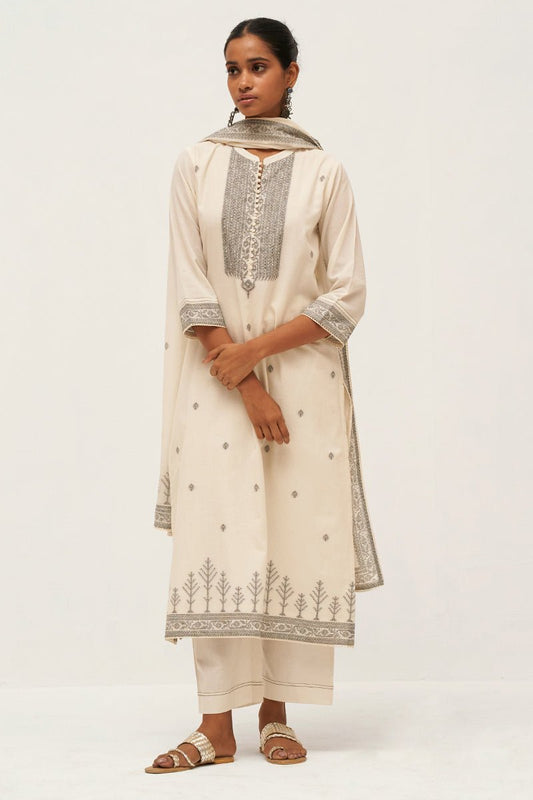 Gardenia Cream Woven Cotton Salwar Suit With Hand Embellishment