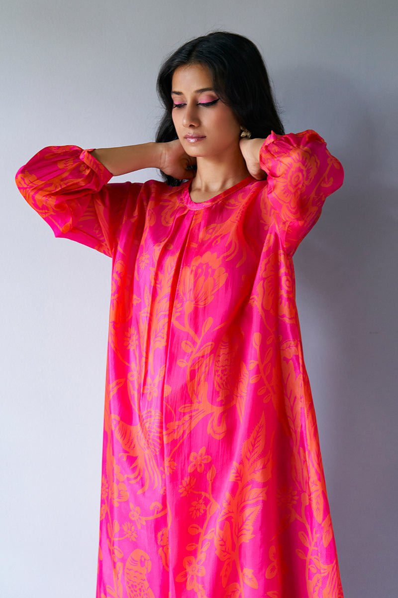 Hot Pink and Orange Bemberg Silk Printed Co-ord Set