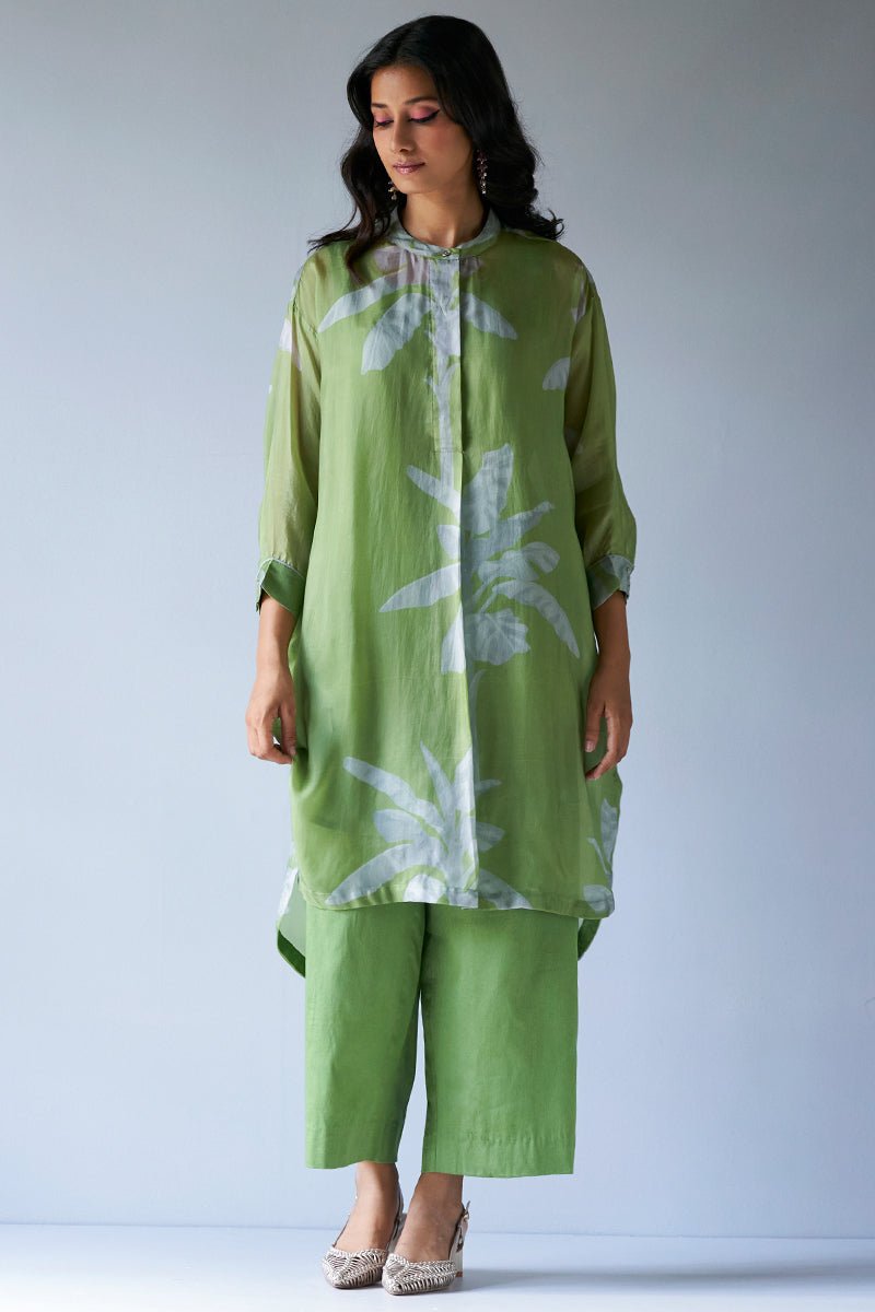 Turtle Green and Grey Bemberg Silk Printed Co-ord Set