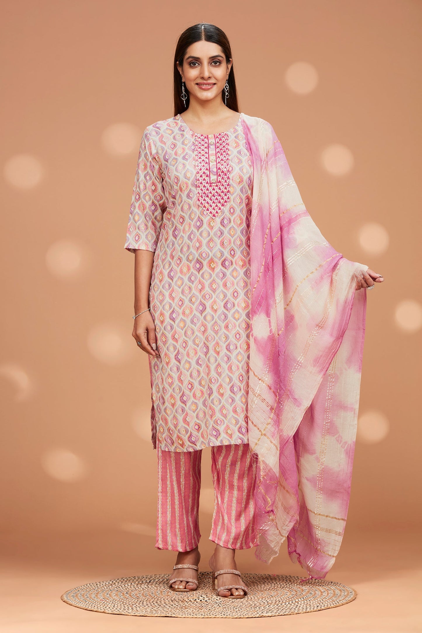 Printed Straight fit Embroidered Kurta with Palazzo Pant & Tie-die Duppatta - Pink