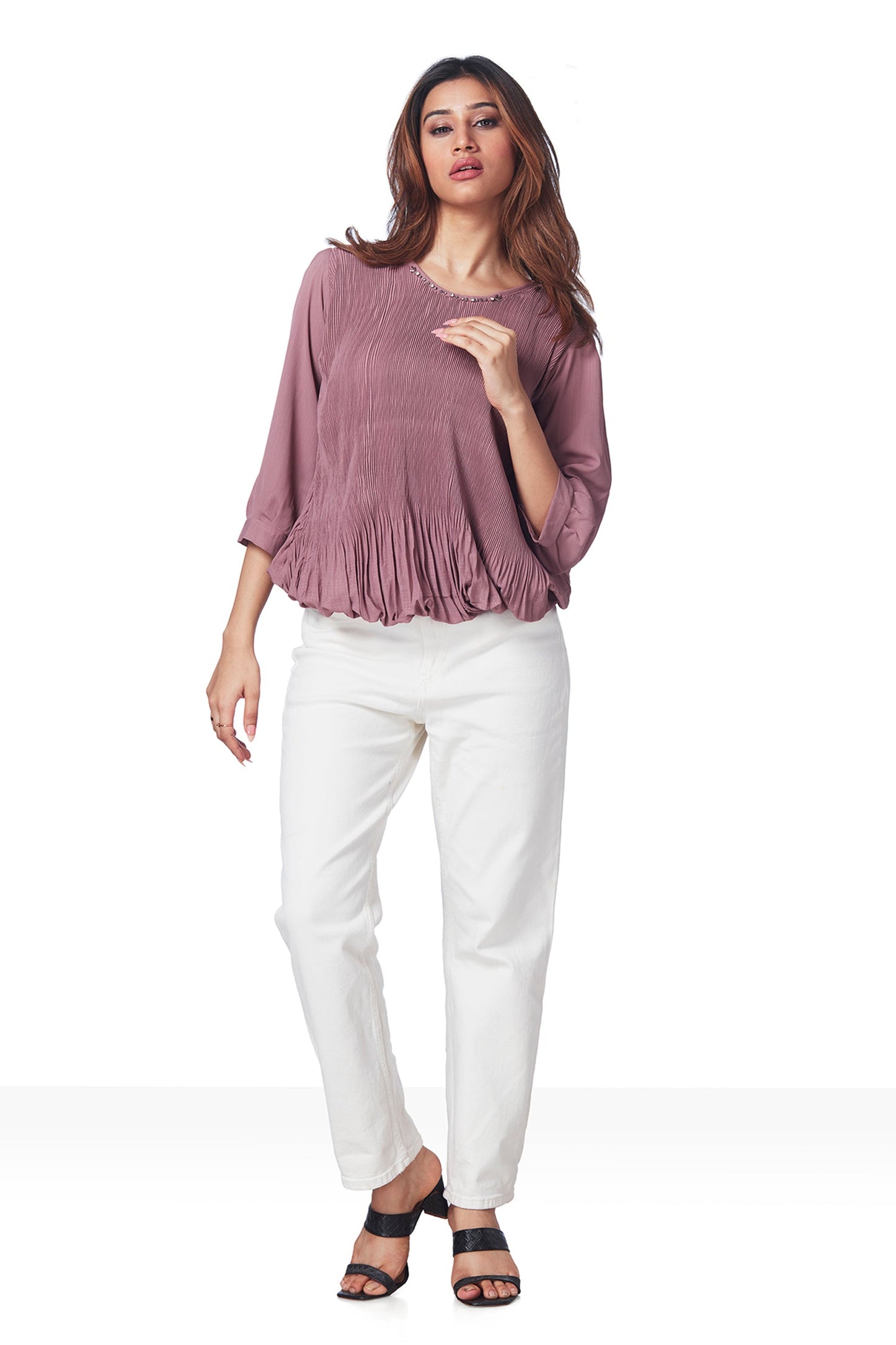 Partywear Round Neck Ribbed 3/4Th Sleeves Top