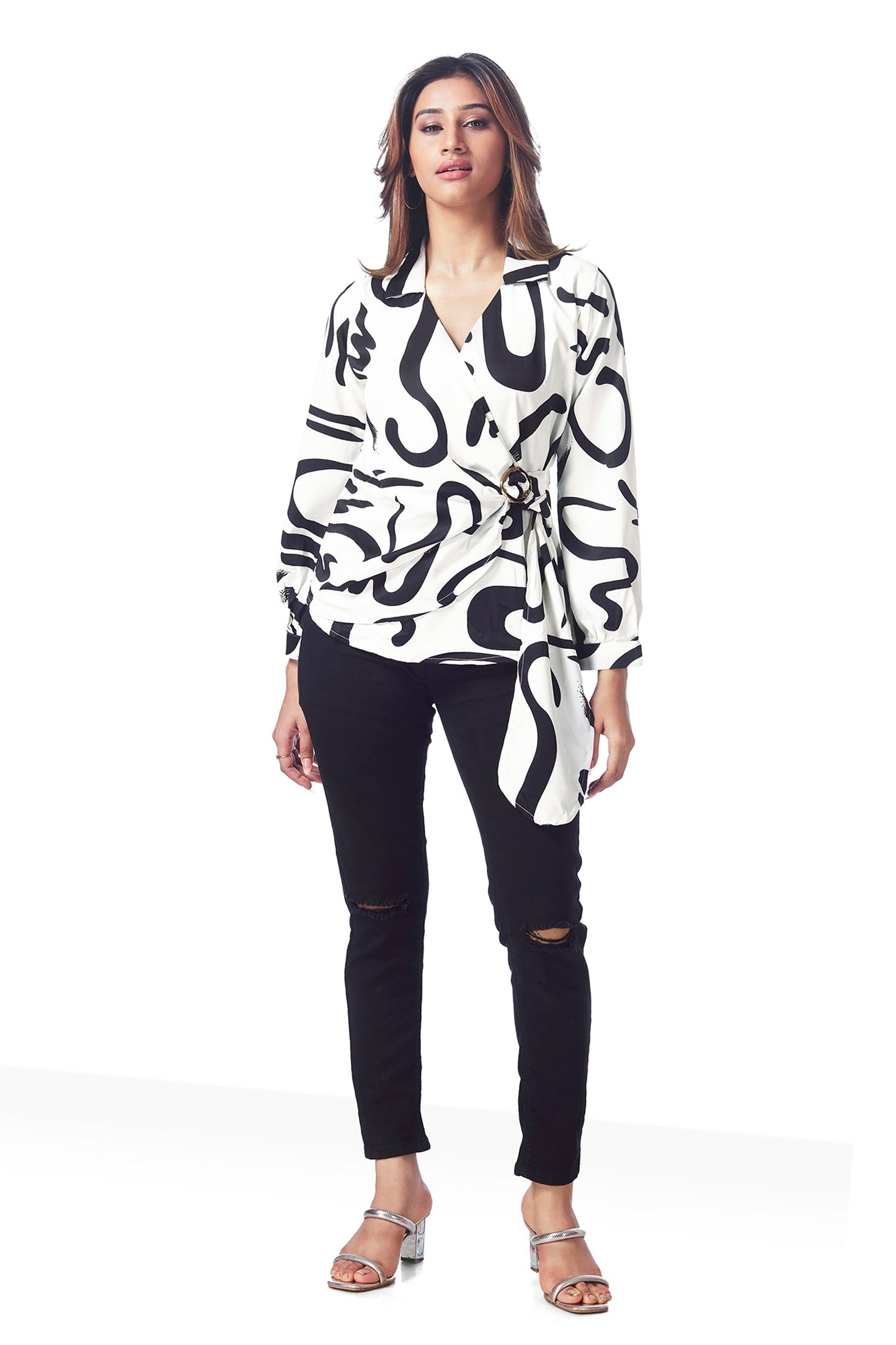 Black & White Printed V-Neck Wrap Top