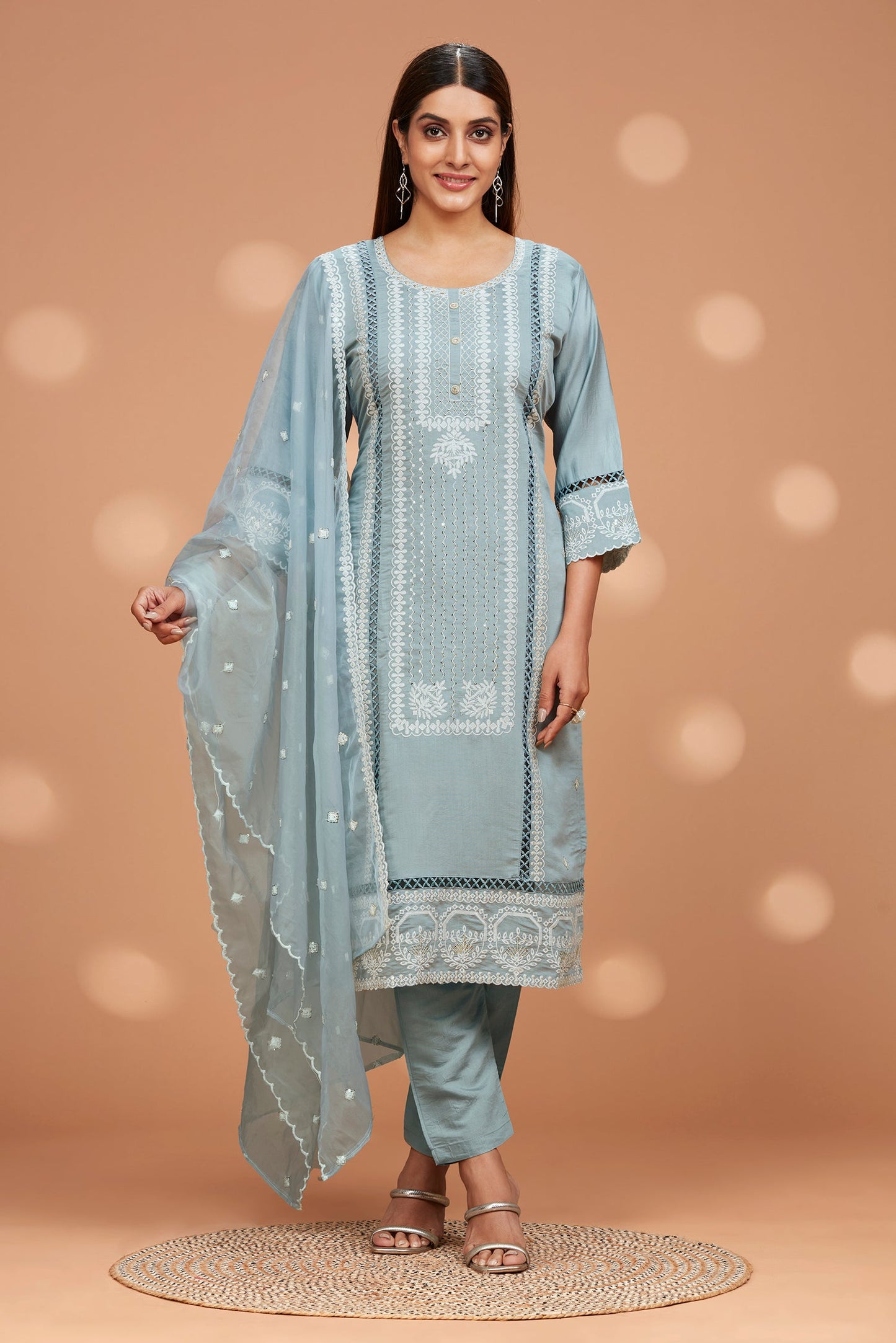 Straight Fit Embroidered Kurta with Pant  & Shiffon Duppatta