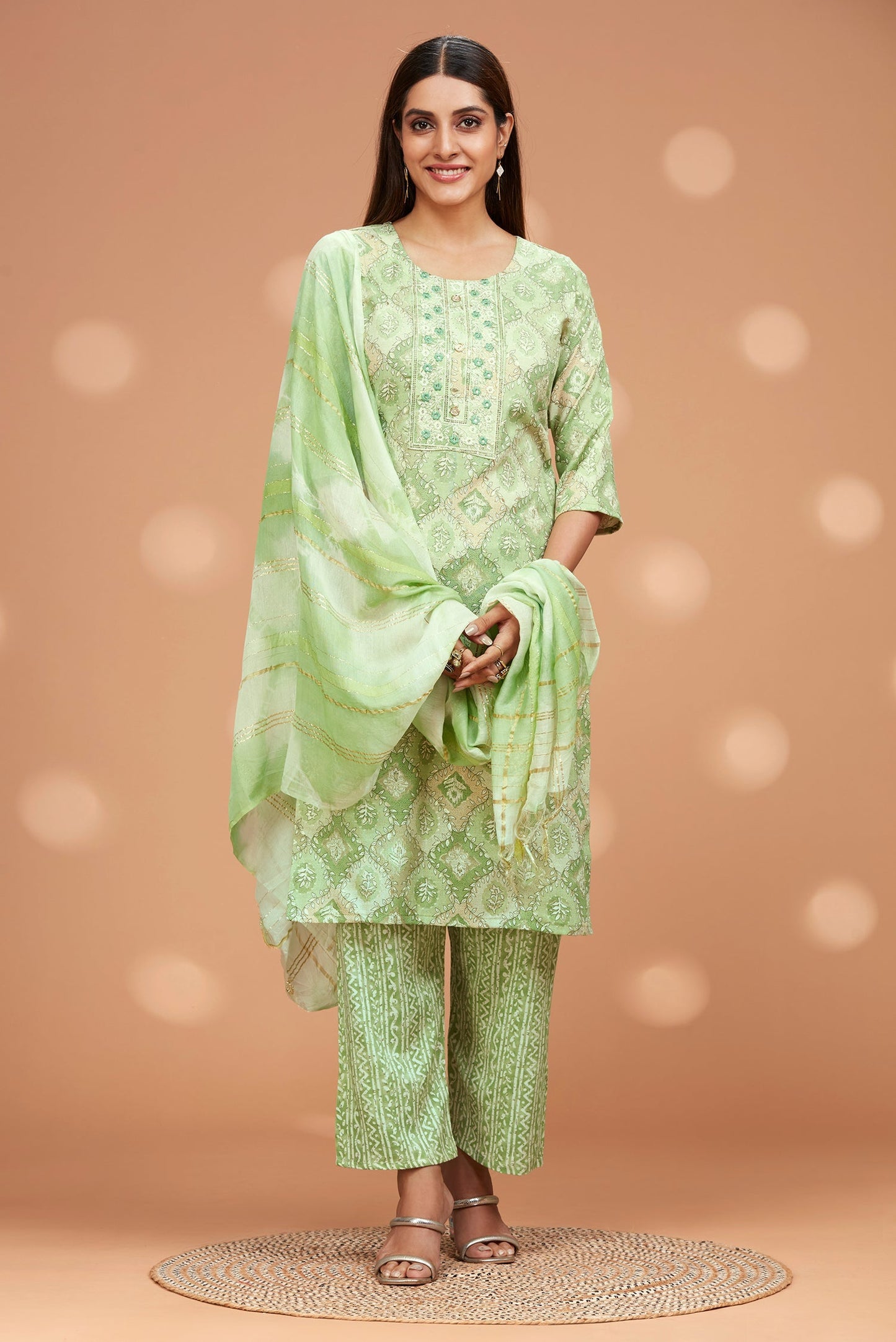 Printed Straight fit Embroidered Kurta with Palazzo Pant & Tie-die Dupatta - Light Green