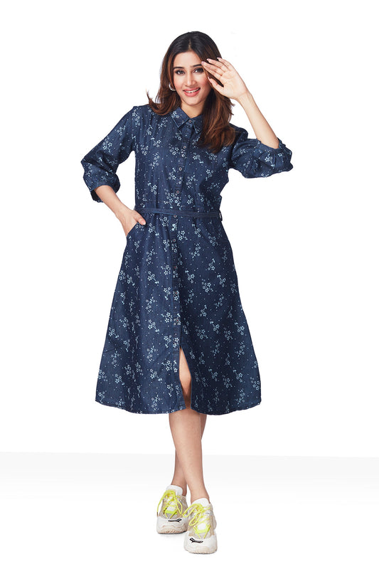 Denim Printed Dress with Belt