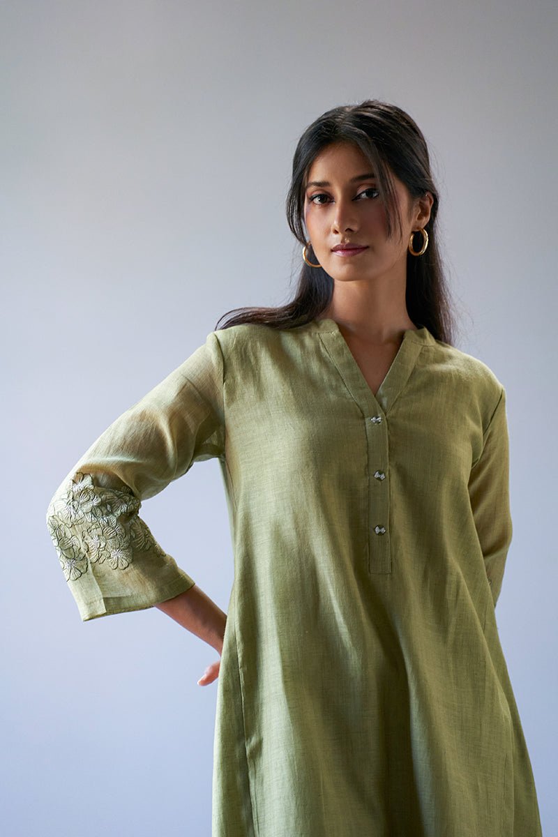 Green Sand Silk Embroidered Sleeve Kurta With Cotton Bottom