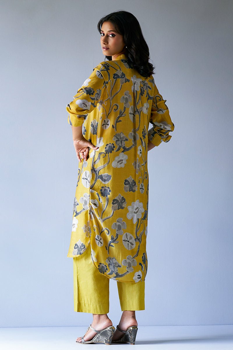 Ceylon Yellow and Grey Bemberg Silk Printed Co-ord Set