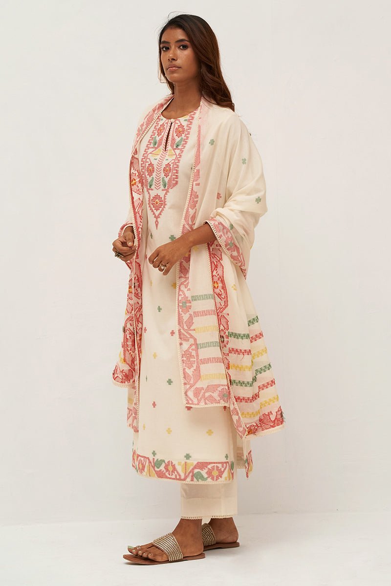 Ivory and Red Cotton Woven Kurta Set