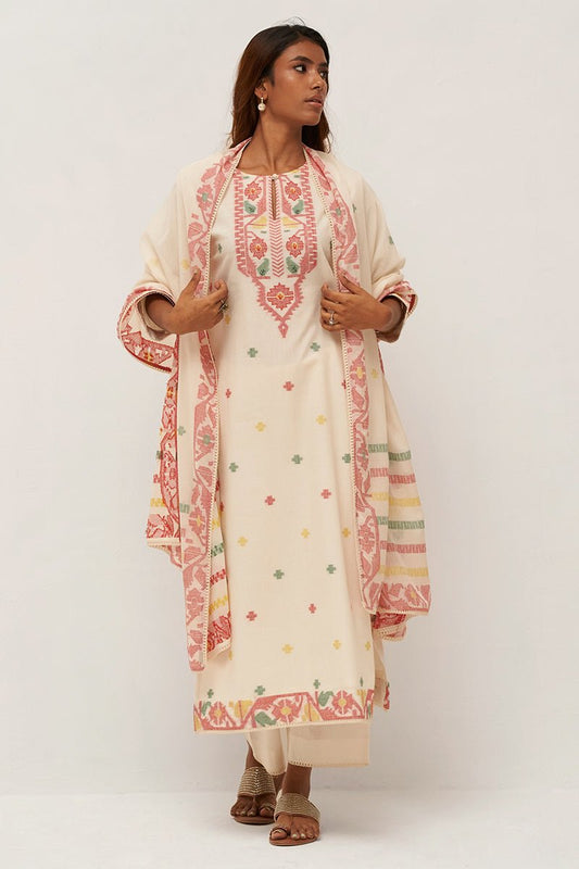 Ivory and Red Cotton Woven Kurta Set