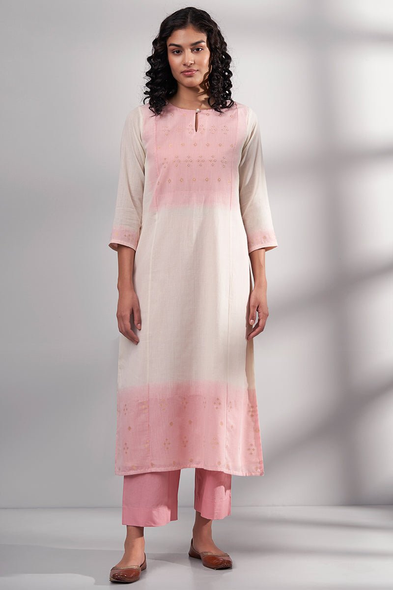 Cream and Pink Woven Cotton Kurta With Cotton Bottom