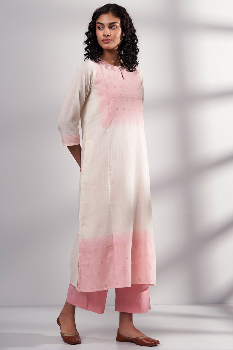 Cream and Pink Woven Cotton Kurta With Cotton Bottom