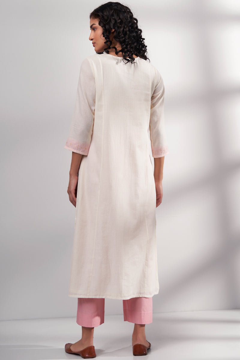 Cream and Pink Woven Cotton Kurta With Cotton Bottom