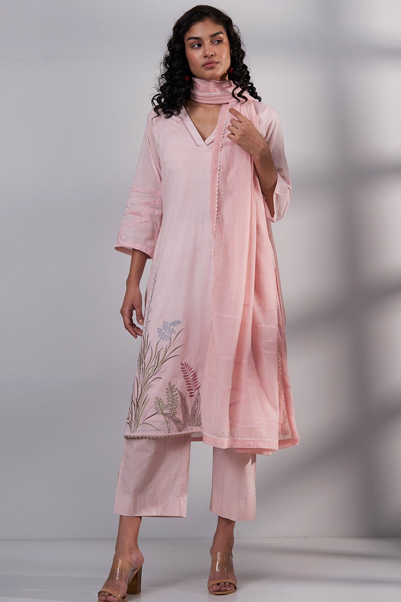 Pink Embroidered Cotton Kurta With Viscose Chanderi Embroidered Dupatta