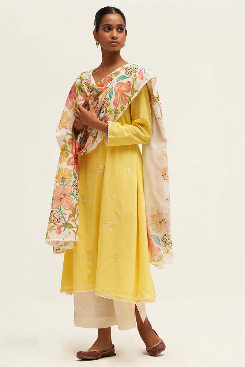 Yellow Embroidered Cotton Salwar Suit