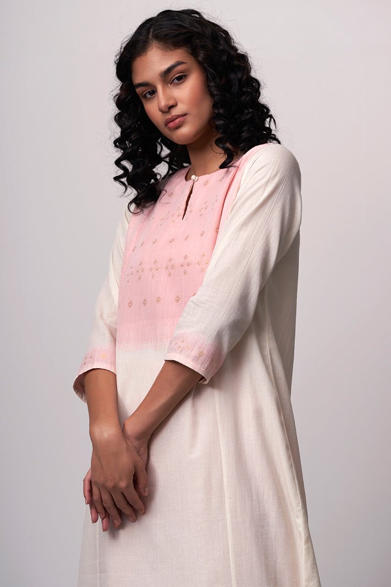 Cream and Pink Woven Cotton Kurta With Cotton Bottom