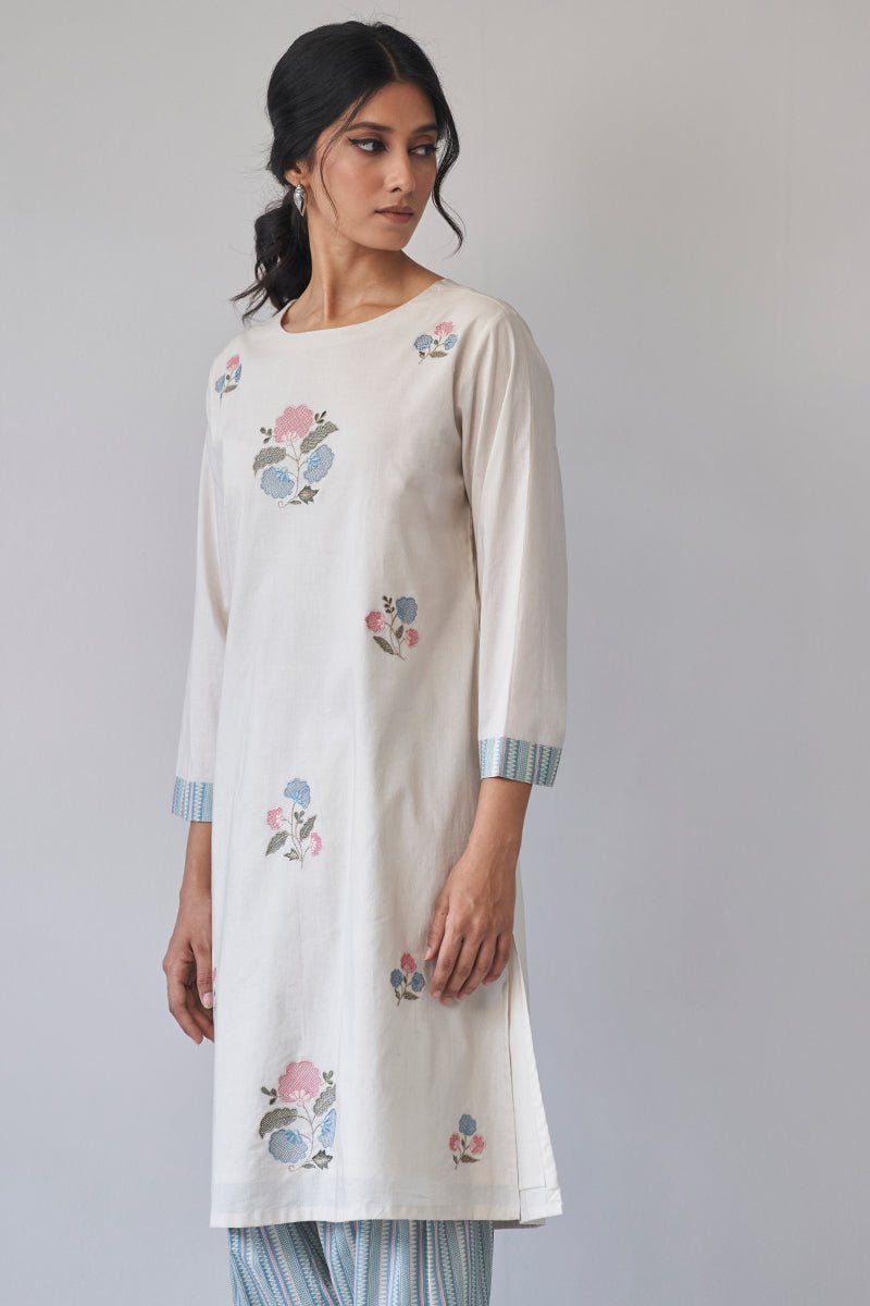 Beige Embroidered Cotton Kurta With Printed Salwar