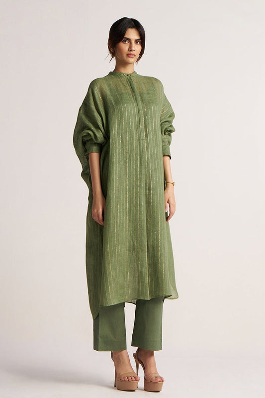 Hedge Green Zari Linen Festive Co-ord Set