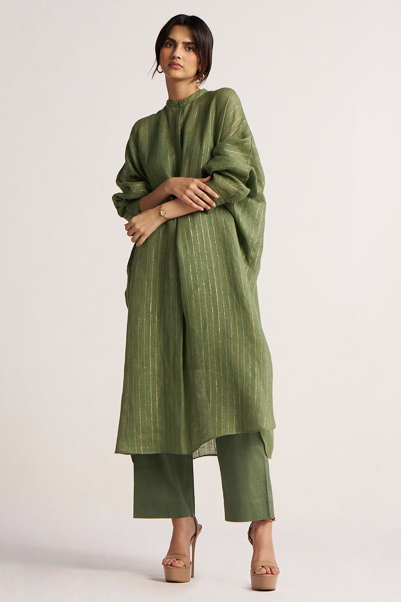 Hedge Green Zari Linen Festive Co-ord Set