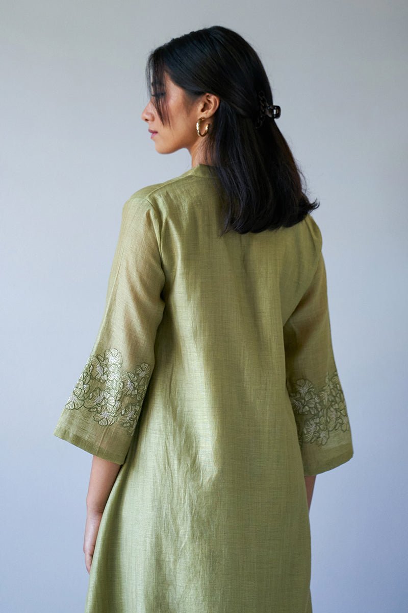 Green Sand Silk Embroidered Sleeve Kurta With Cotton Bottom