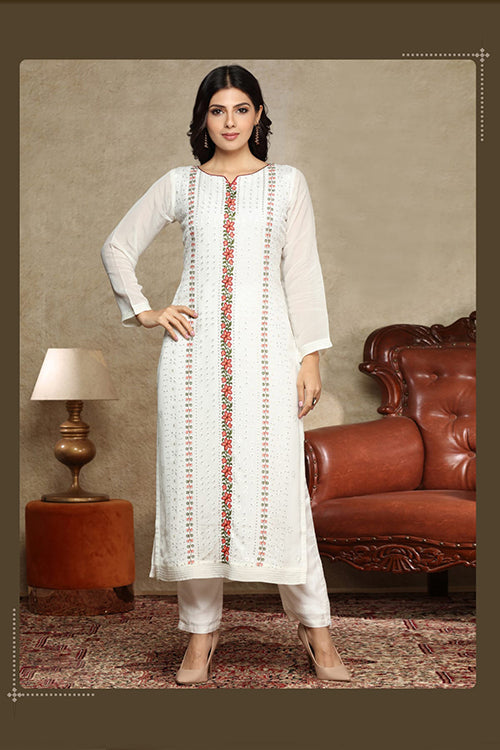 White Embroidered Long Kurti