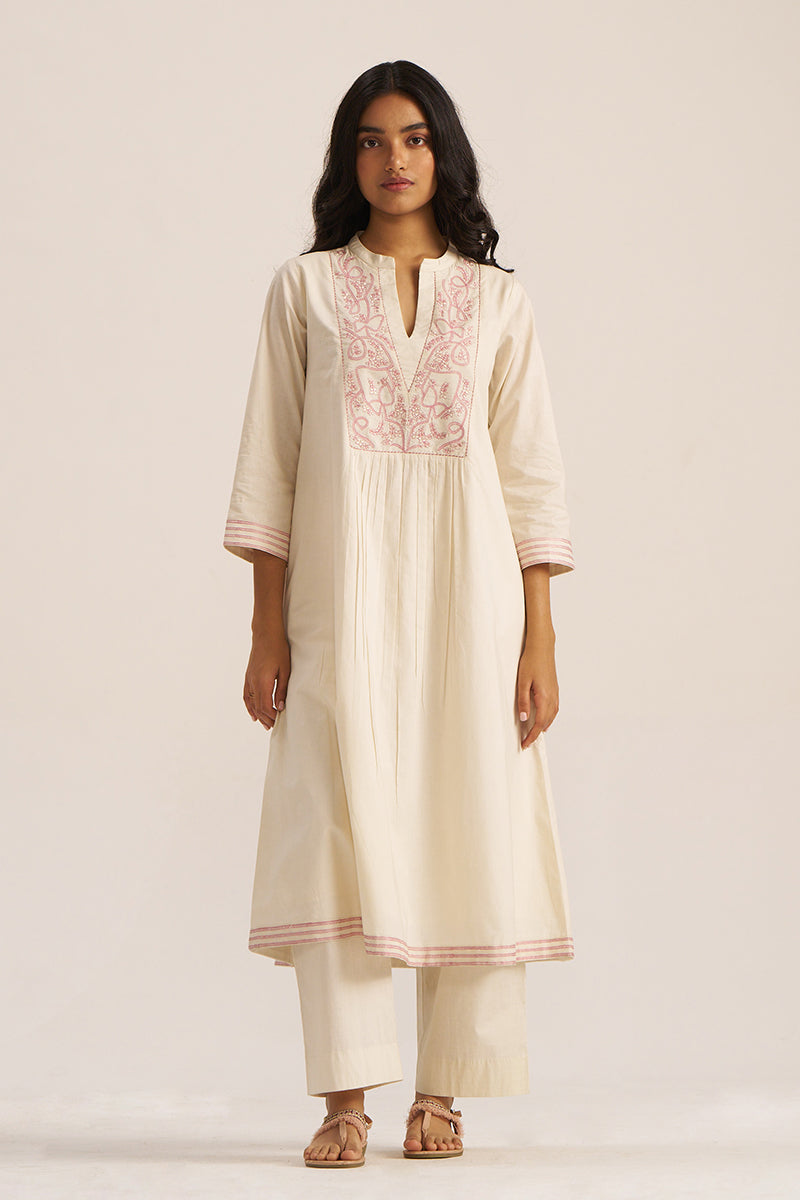 Ivory and Pink Embroidered Cotton Co-ord Set