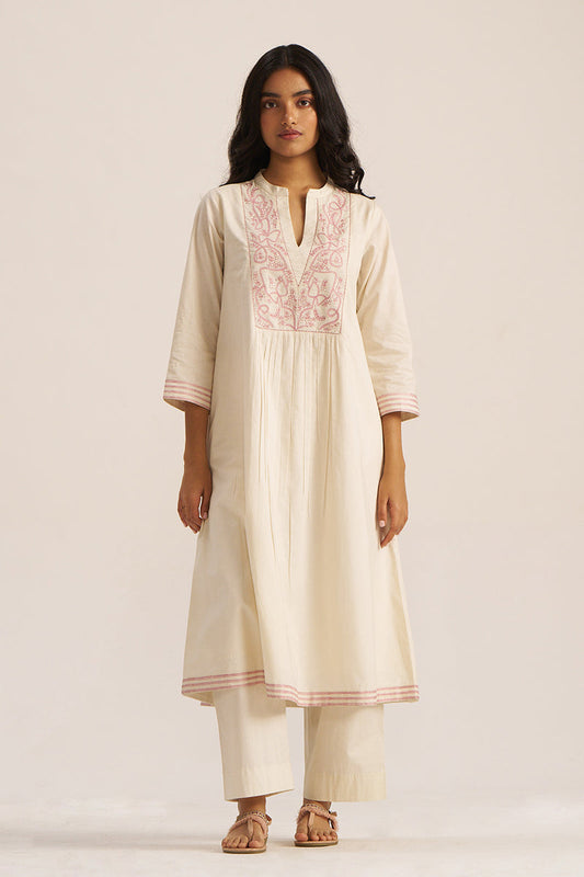 Ivory and Pink Embroidered Cotton Co-ord Set