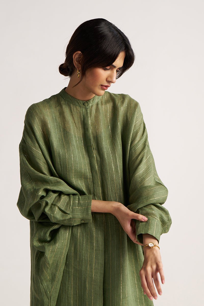 Hedge Green Zari Linen Festive Co-ord Set